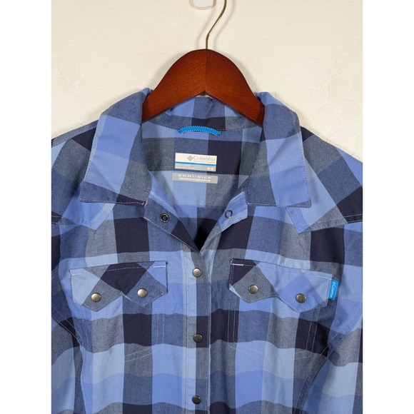 Columbia Blouse Womens Medium Shirt Blue Plaid Pockets Long Sleeve Outdoor - Picture 5 of 11